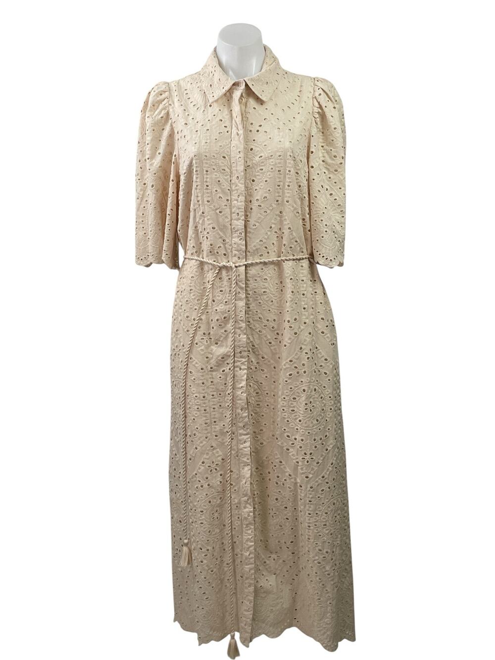 H&M Cream Eyelet Short Puff Sleeve Collared Button Dowm Maxi Shirt Dress Size M